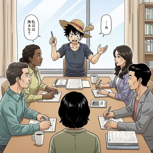 Animated Manga Style Illustration: Diverse Group Discussion