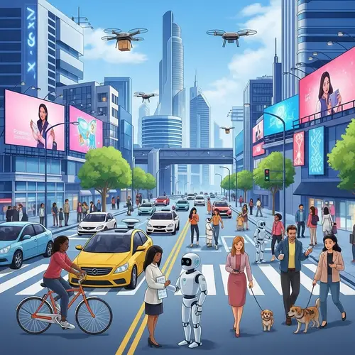 Futuristic Cityscape: AI Integration with Diverse Human Society