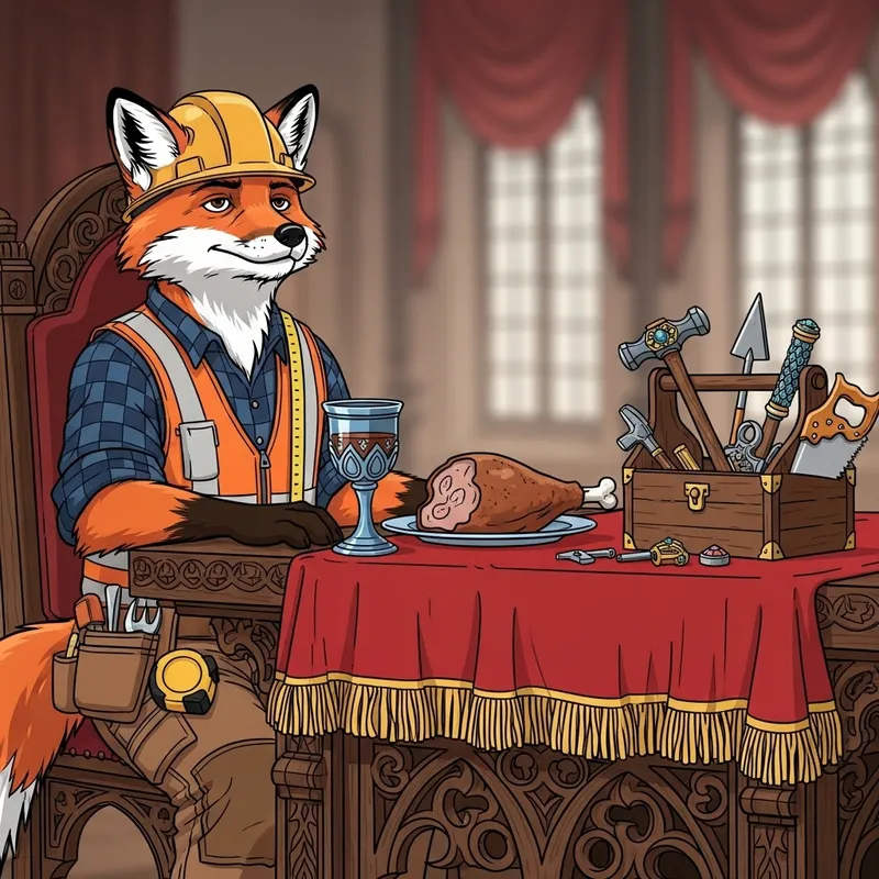 Fox Builder Character at King Table in Vector Art