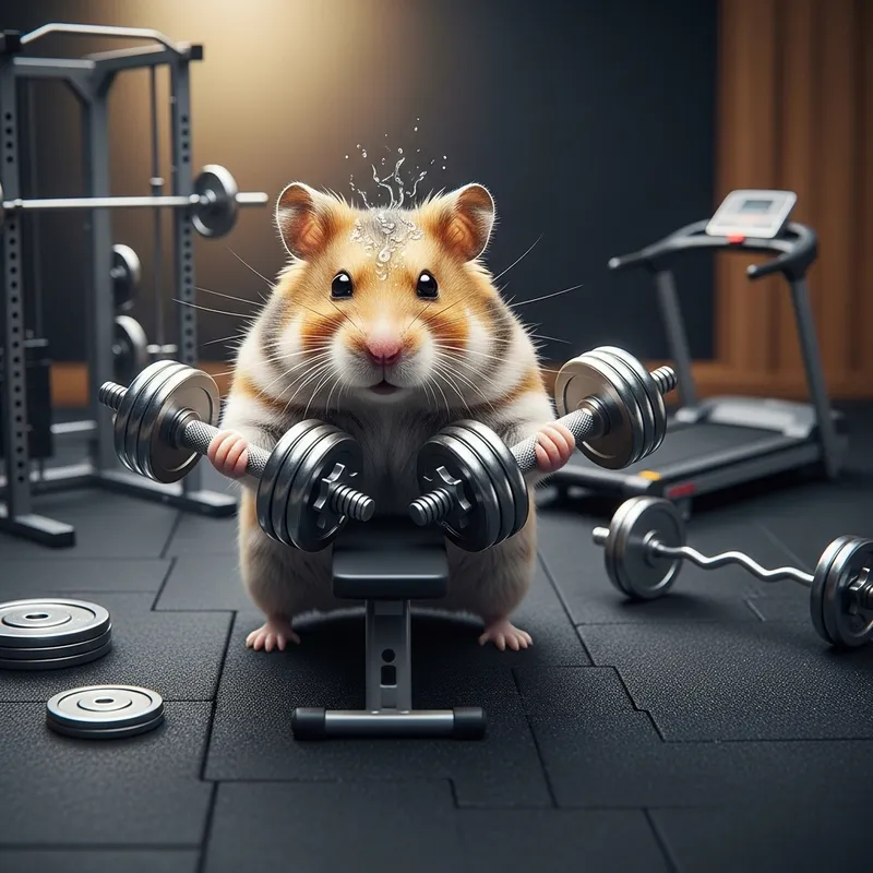 Photorealistic Hamster Lifting Dumbbells in Gym