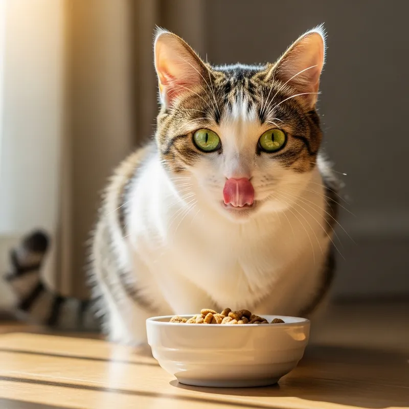 Adorable Cat Enjoying Meal in Sunlit Room