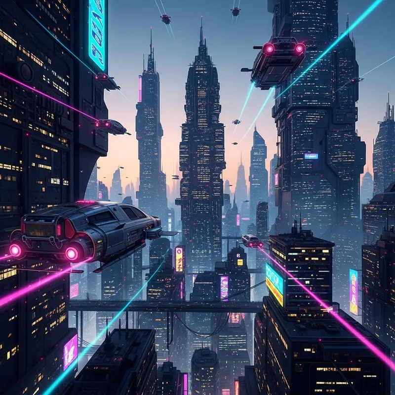 Vibrant Cyberpunk Cityscape with Flying Cars and Skyscrapers at Dusk