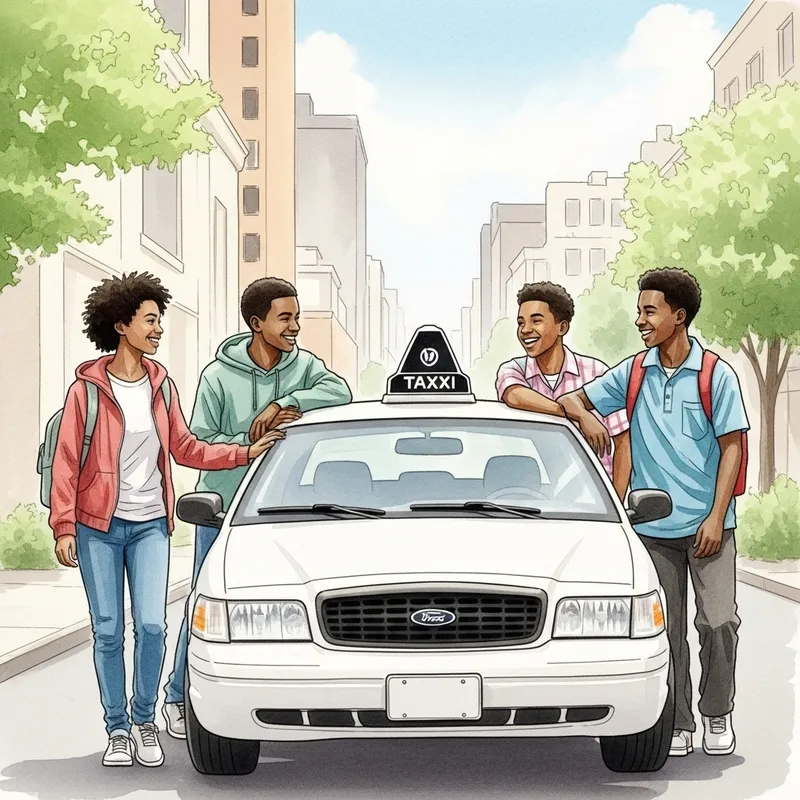 Four African-American Teens Sharing Laughter by Taxi Cab
