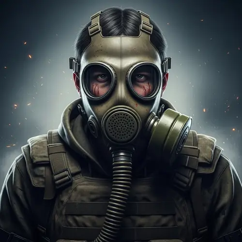 Desperate Fighter in Wartime with Gasmask