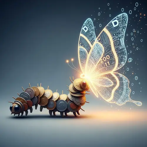 Digital Metamorphosis: Coin Caterpillar to Glowing Circuit Butterfly