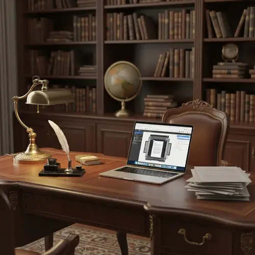 Vintage Study Room Scene with Modern and Classic Elements
