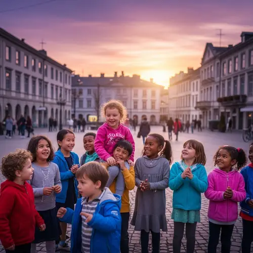 Joyful Children Embracing Diversity in Town Square