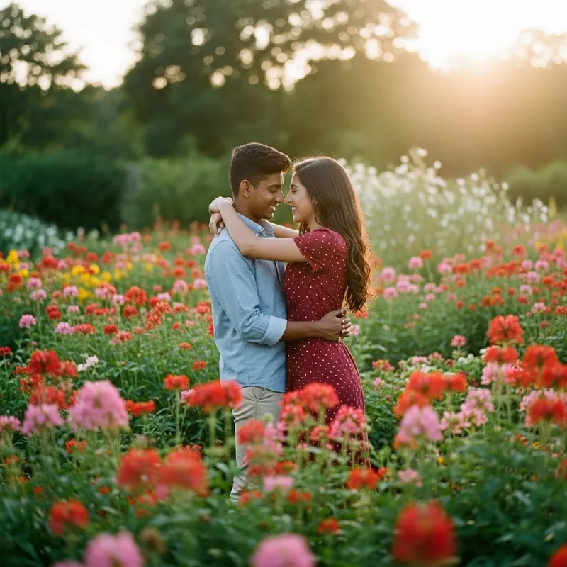 AAFAQ and MAIRA: Romantic Multicultural Couple Embracing in Flower-Filled Garden | Vintage Aesthetic