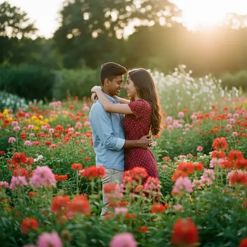Romantic Multicultural Couple Embracing in Lush Garden | Vintage Aesthetic