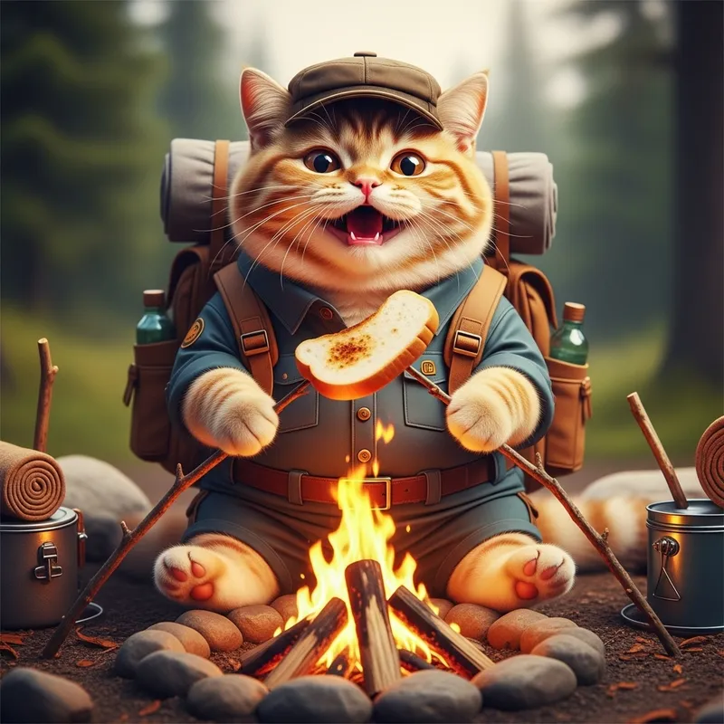 Real-Life British Ginger Cat Toasting Bread by Campfire Real-Life British Ginger Cat Toasting Bread by Campfire