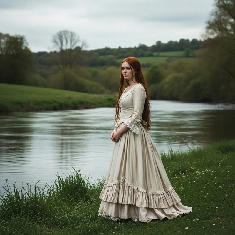 Victorian Era Girl in Silk Fairy Dress by the River
