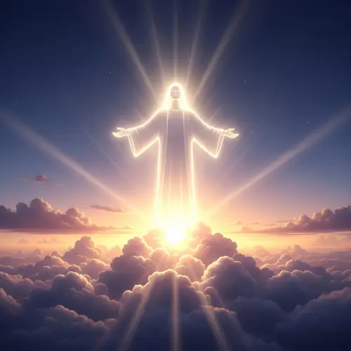Divinity Personified: Ethereal Figure Blessing from Clouds