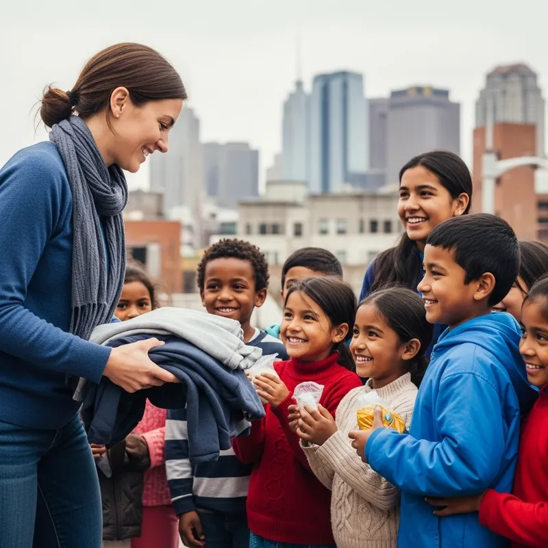 Social Worker Providing Food and Clothes to Happy Underprivileged Children