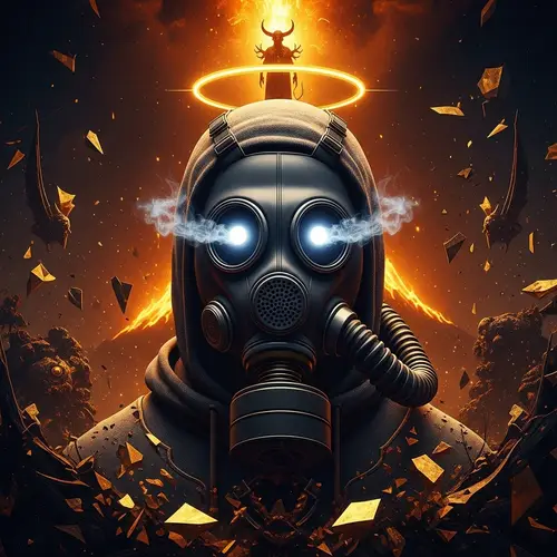 Gas Mask Individual with Smoky Breath and Glowing Eyes