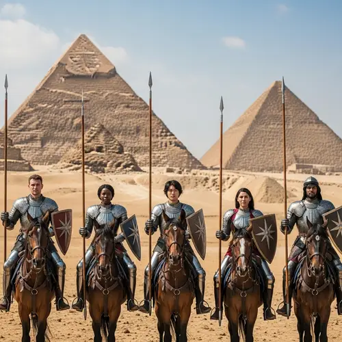 Legendary Egyptian Pyramids Panorama with Valiant Knights