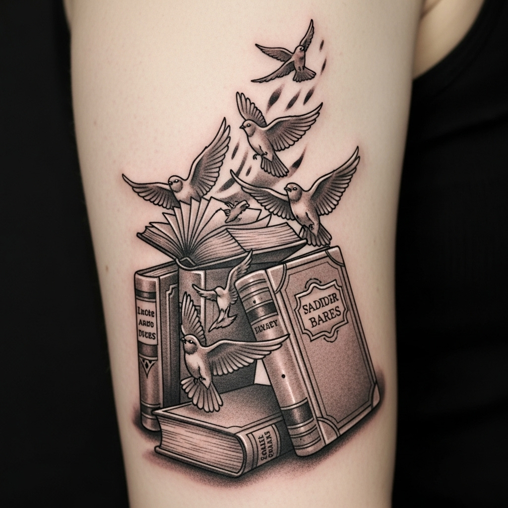 Books Tattoo with Birds | Classic Symbol of Wisdom \u0026 Freedom | AI Art  Generator | Easy-Peasy.AI, image size:1024x1024