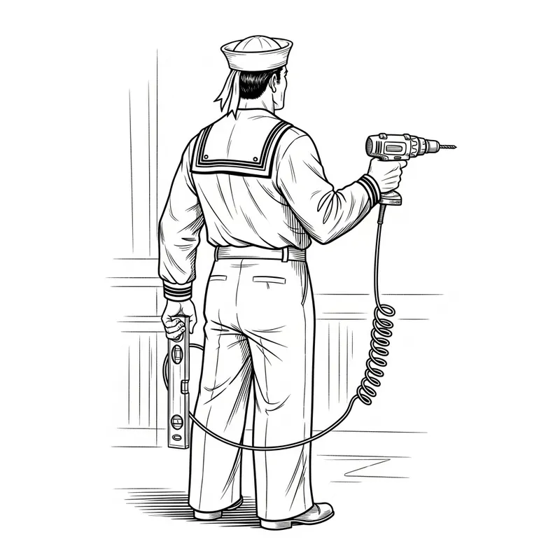 Detailed Sailor Line Art with Construction Tools