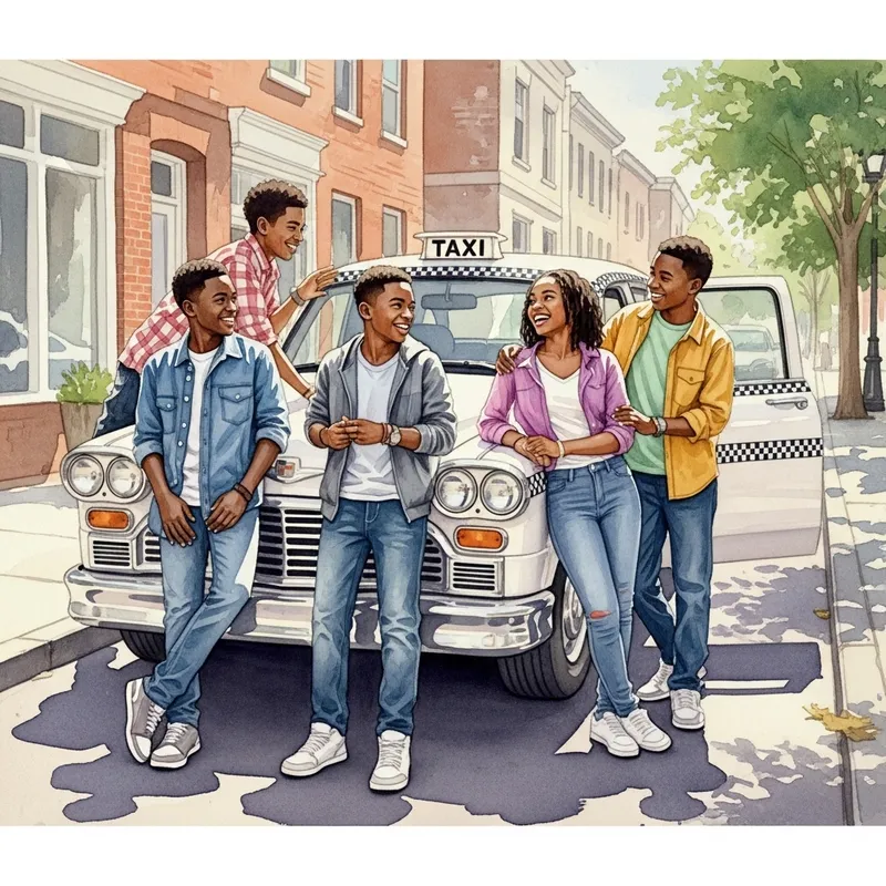 Joyful African American Teens Cherishing Taxi Cab Moment