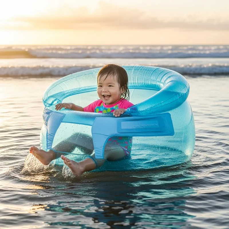 Adorable Asian Toddler Girl Joyfully Floating on Ocean in Unique Inflated Diaper