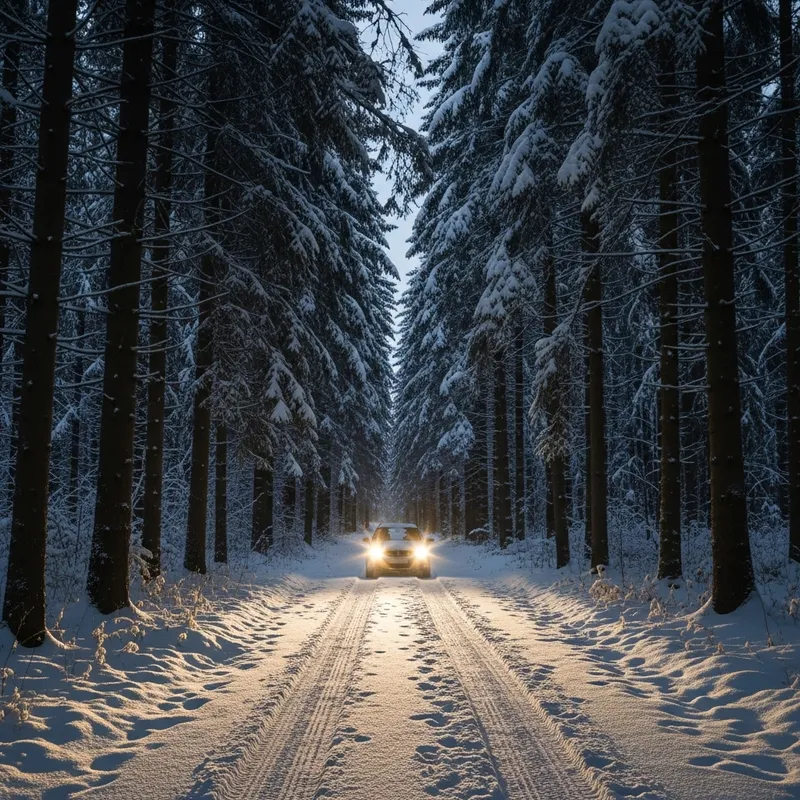 Night Forest Drive: Car Through Snowy Path in Enchanting Winter Wonderland