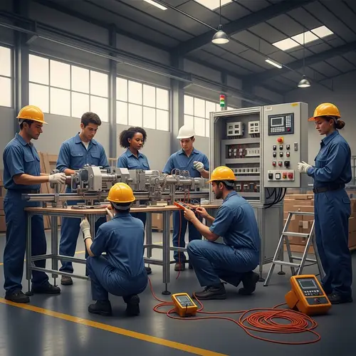 Diverse Crew Installing Mini Production Line in Factory