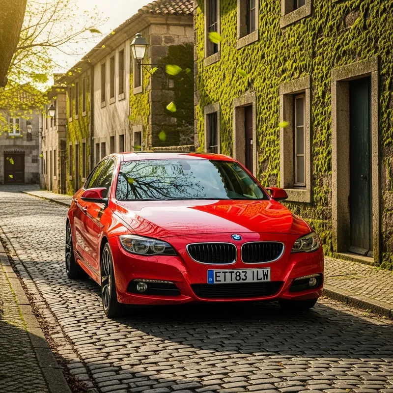 Colorful Sedan Parked on Quaint Cobblestone Street