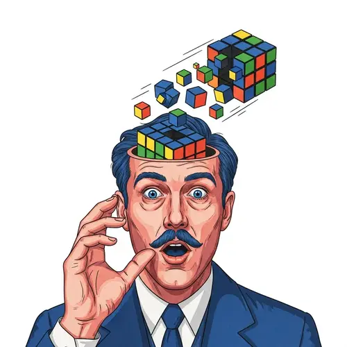 Surrealist Illustration of a Puzzle Inventor with Vibrant Colors
