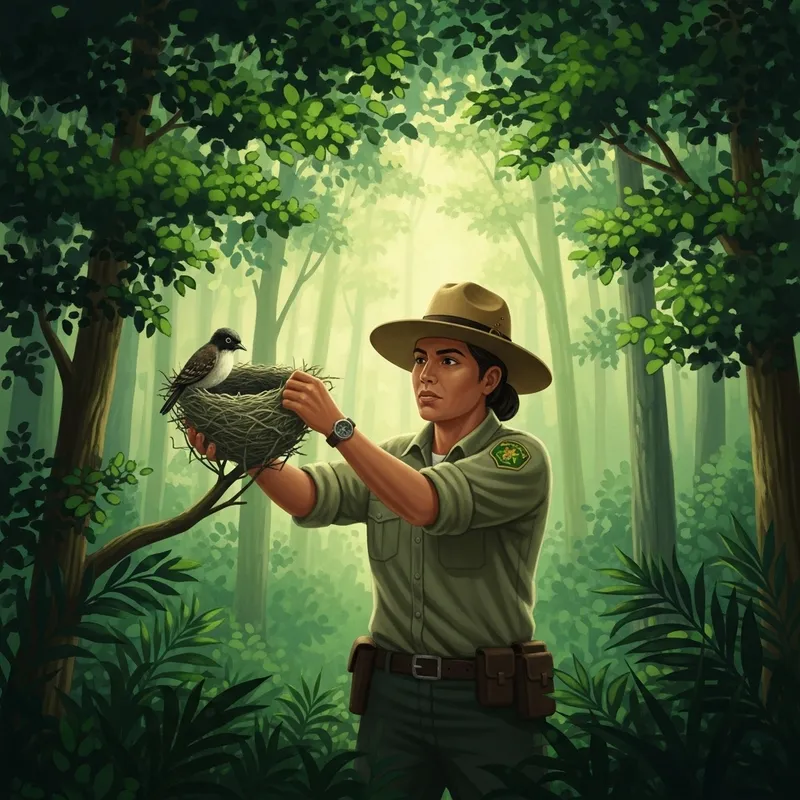 Forest Ranger Protecting Bird's Nest in Vibrant Nature Scene Forest Ranger Protecting Bird's Nest in Vibrant Nature Scene
