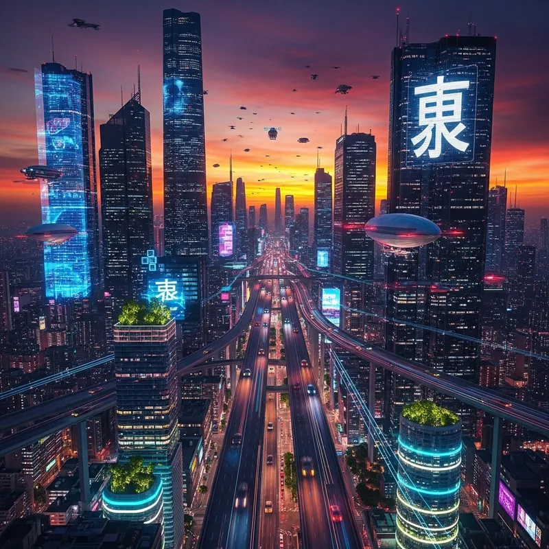 Neon Cyberpunk City Skyline at Sunset | Aerial Drone Perspective