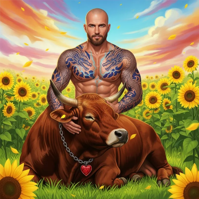 Vivid Bull and Man in Colorful Field Art