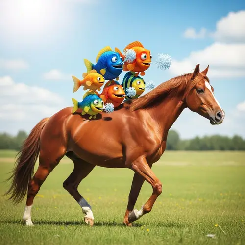 Colorful Fish Riding Horse in Joyful, Whimsical Scene
