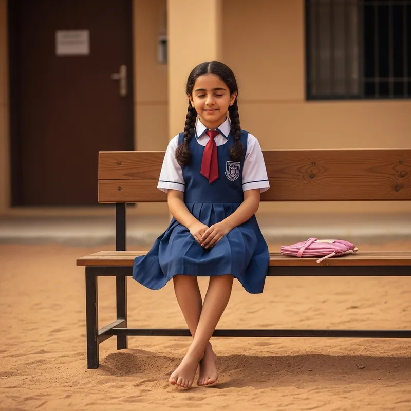 Tranquil Middle-Eastern Schoolgirl on Wooden Bench | Peaceful Schoolyard Scene
