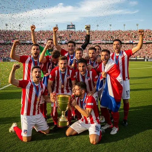 Red & White Striped Soccer Team Celebrates Victory with Championship Trophy