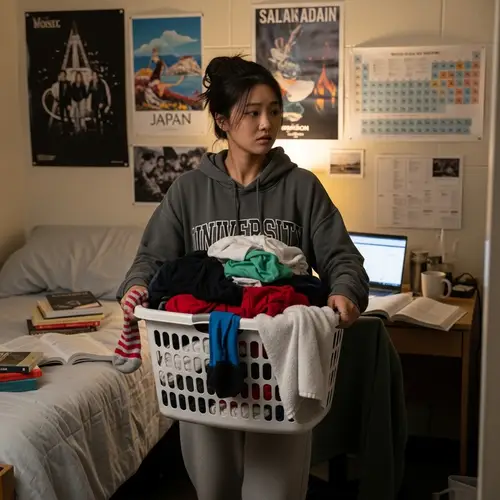 East Asian Female Student Doing Laundry | Dormitory Scene