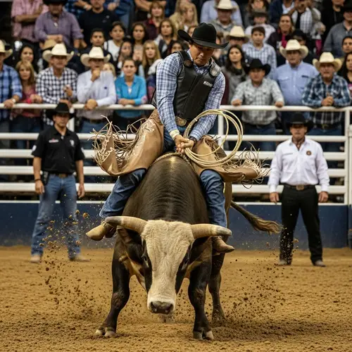 East Asian Male Cowboy Riding Massive Bull at Rodeo Event