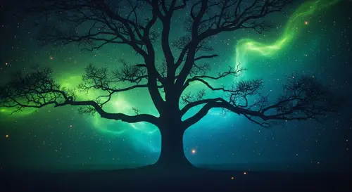 Dark Whimsical Tree in Vivid Mist with Radiant Light