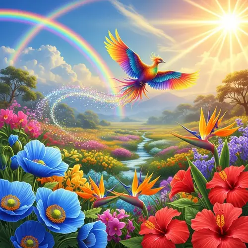 Vibrant Nature Scene with Mystical Flight | Exotic Flowers & Rainbows