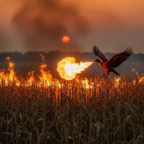 Powerful Bird Discharging Flames in Corn Field