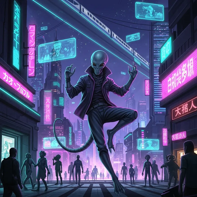 Vibrant Cyberpunk Creature in Neon Cityscape - Dynamic Digital Art