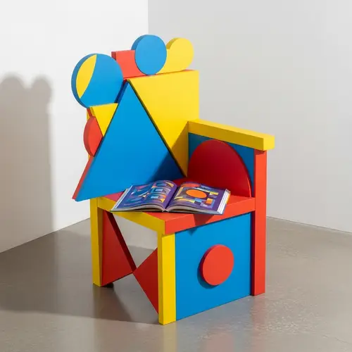 Vibrant Colors and Geometric Shapes in Single Chair Room