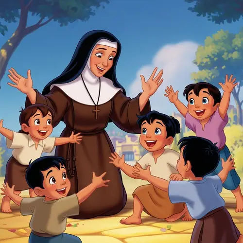 Joyful Scene with a Franciscan Nun and Hispanic Kids