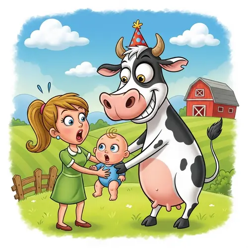 Playful Cartoon Cow Grabs Baby in Rural Scene