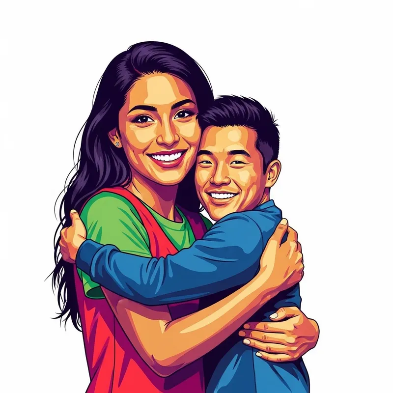 Vivid Surrealism: Tall Hispanic Woman Embracing Small Asian Man Vivid Surrealism: Tall Hispanic Woman Embracing Small Asian Man
