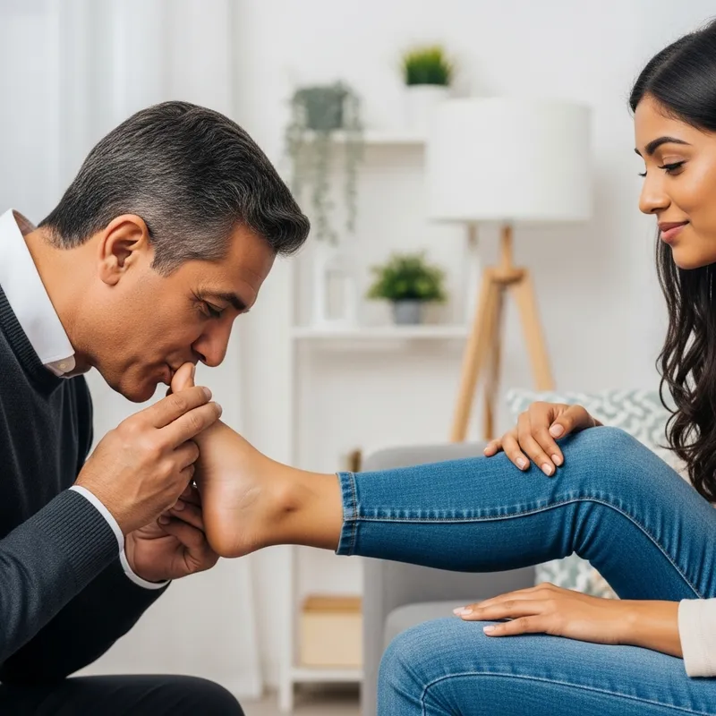 Tender Moment: Man Kissing Woman's Foot in a Gentle Gesture