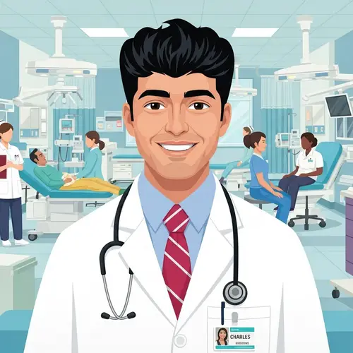 Charles, Hispanic Male Doctor in Busy Hospital Scene