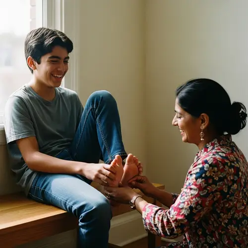 Joyful Teenage Boy Laughing on Bench - Heartwarming Moment