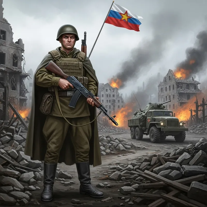 Russian Soldier with Gun: War Victory in Vehicle