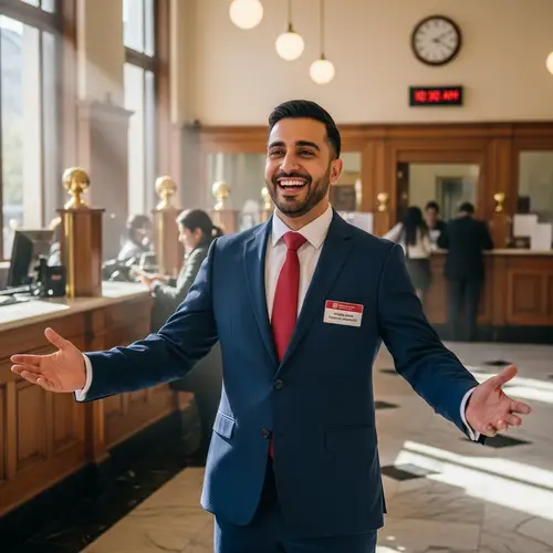 Joyful Middle Eastern Man in Office Suit at Traditional Bank Branch