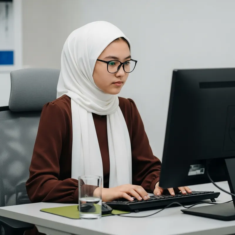 Kazakh Girl in White Hijab Working at Computer | Islamic Attire