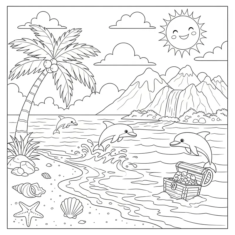 Black and White Island Coloring Page for Kids Ages 6-12
